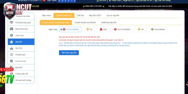 Nạp tiền cược vào QH88 qua ngân hàng